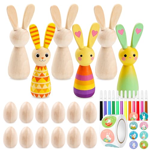 HGRGHH Huevos de Pascua para Pintar, Set Manualidades Pascua 530 Piezas, Huevos y Conejo de Pascua de Madera, Kit DIY Manualidades Niños con Pegatinas y Acuarelas, Decoración y Regalo