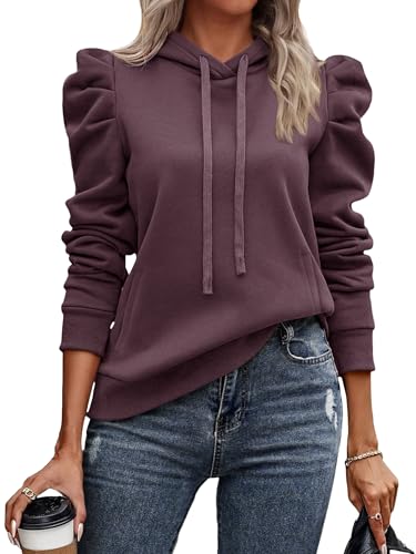 UEAL Womens Sweatshirts 2025 Trendy Puff Sleeve Drawstring Pullover Hoodies Fall Fashion Outfits Tops Clothes Small Purple