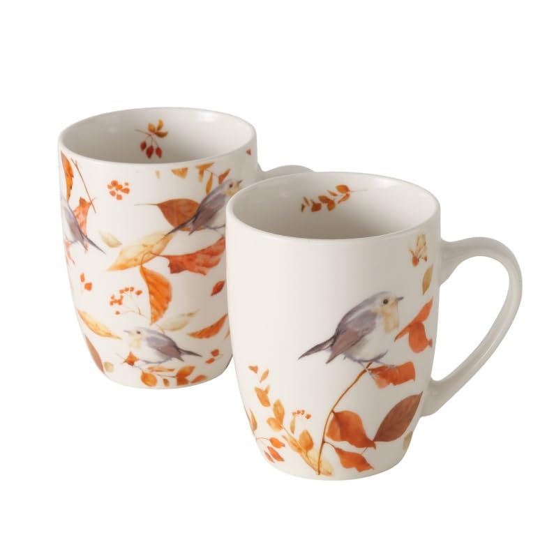 Lot de 3 tasses à café 330 ml Robin N724 Robin en porcelaine - Motif animaux de la forêt - Oiseaux - Décoration d'automne - Ensemble de tasses vintage