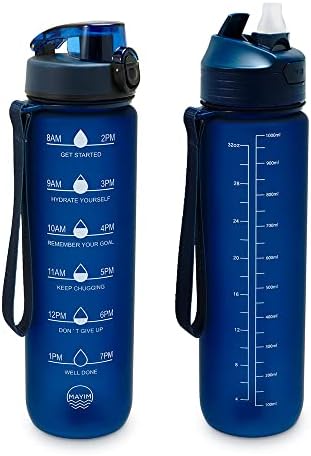 Mayim 32oz Motivational Water Bottle With Time Marker, Flip Straw & Chug Lid (2 Lids), BPA Free Sports Water Bottle for Fitness and Health (Navy)