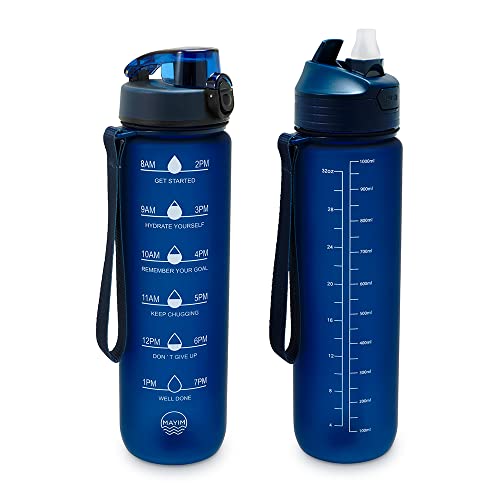 Mayim 32Oz Motivational Water Bottle With Time Marker, Flip Straw & Chug Lid (2 Lids), Bpa Free Sports Water Bottle For Fitness And Health (Navy) #TOP3