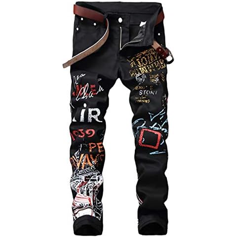 Enrica Men's Casual Color Printed Jeans Skinny Black Denim Pants (Black&Air, 32) Cover