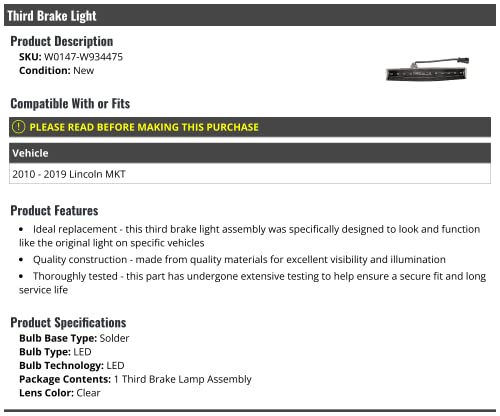 Marketplace Auto Parts Third Brake Light - LED - Clear- Compatible with 2010-2019 Lincoln MKT
