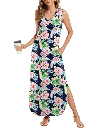Image of Arolina Maxi Dress for Women Tropical Summer V Neck Sleeveless Split Long Beach Dresses Casual Loose Sundress with Pockets