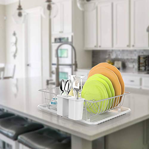 Dish Drying Rack, F-color Dish Rack with Drain Board, Utensil Holder, Anti Rust Dish Drainer for Kitchen Counter Top Dish Rack Wire Holder, White, 16.4 x 12 x 4.3 inch - Thumbnail 3
