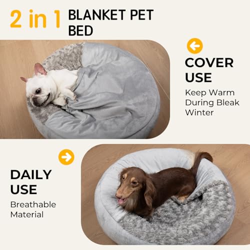 Small Dog Bed with Blanket Removable Cover Cave Washable Cat Pet Bed for Crate Toy Puppy Donut Round Plush Cozy Anti-Slip Bottom Gray 23X23X7 inch - Image 5