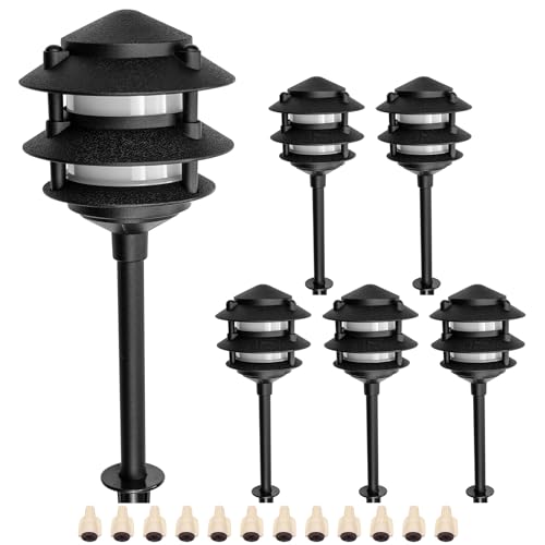 Lumina Lighting® Low Voltage Landscape Lighting Cast-Aluminum Pagoda Path and Area Light Warm White 4W G4 LED Bulb and ABS Ground Stake Included for Yard Walkway Lawn PAL0103-BkLED6 (Black,6-Pack)