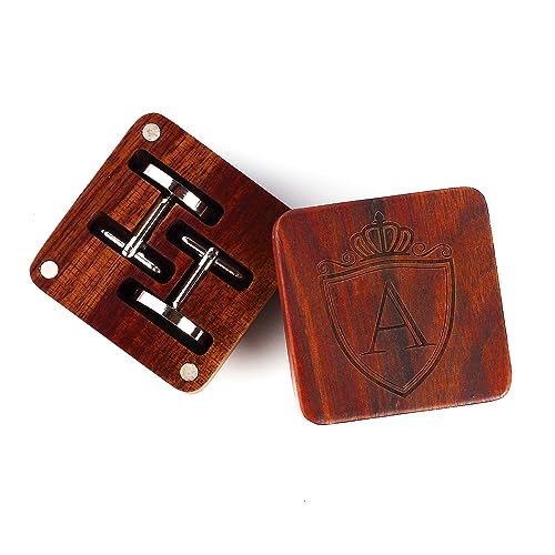 Image of Mens Initial Silver Cufflinks A-Z Alphabet Letter Steel Cuff Links with Engraved Walnut Wood Box Groom Groomsman Wedding Set