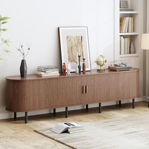 Image of 86.6 inch TV Stand with Power Outlet, Mid-Century Modern Television Stand, Fluted Media Console with Sliding Doors, Entertainment Center for TVs up to 90 Inch, Adjustable Shelves, Walnut