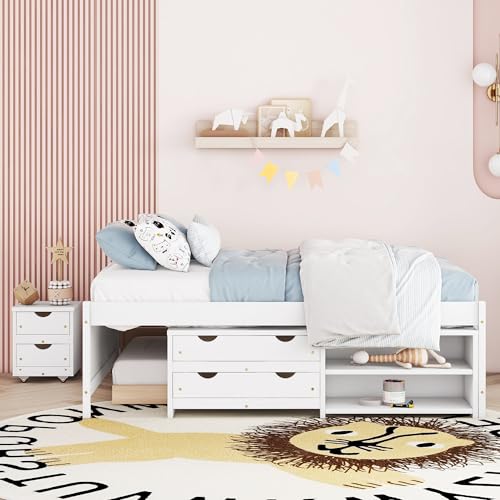 Full-Size-Storage-Bed-Solid-Wood-Bed-with-Trundle-Under-Bed-Storage-Box-of-2-Drawers-Shelves-and-NightstandWhite Full Size Storage Bed Solid Wood Bed with Trundle Under Bed Storage Box of 2 Drawers Shelves and NightstandWhite