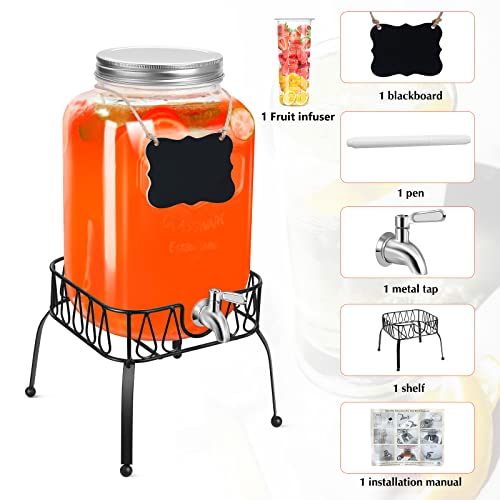 2 Gallon Drink Dispensers For Parties, Beverage Dispenser With Stand, Stainless Steel Spigot, Fruit Infuser, Marker & Chalkboard, Mason Jar Glass Water Dispenser For Sangria Lemonade Juice #TOP2