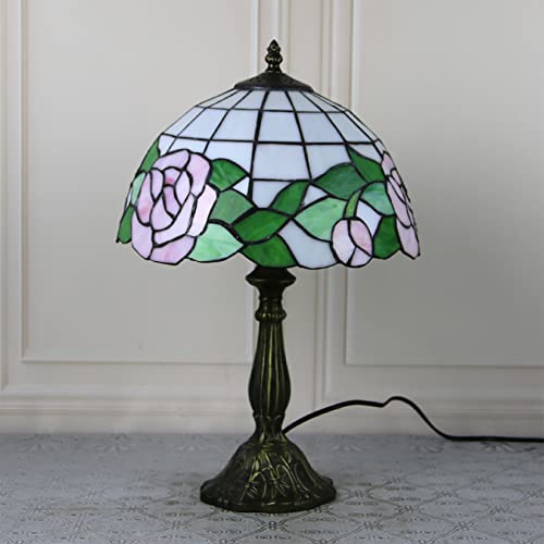GDXH Tiffany Style Rose Green Leaves Shade Tischlampe, Vintage Pink White Green Glasmalerei Schreibtischdekorationslampe 12 Zoll Nachttischlampe für Wohnzimmer, Arbeitszimmer Cover
