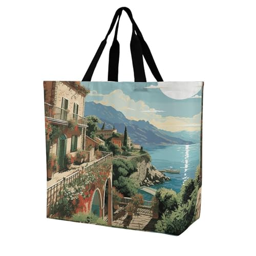 Rrtsmsgh Large Tote Bag for Women - Reusable Grocery Bags Heavy Duty Polyester Tote with Sturdy Handles, Large Capacity Mediterranean Summer Travel Bag Fashion Shoulder Bags for Gym Travel Work