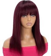 Rebecca Fashion 99J Burgundy Straight Wig with Bangs Human Hair Silky Straight Bang Wig Glueless ...
