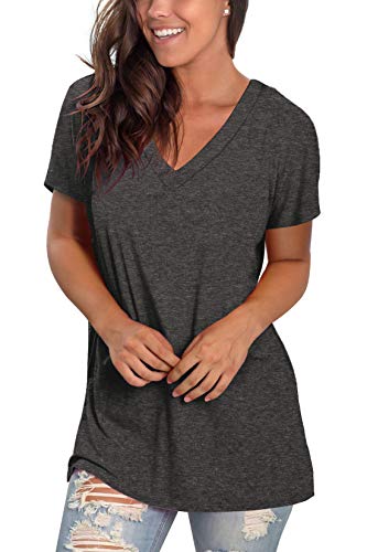 Women T Shirts V Neck Short Sleeve Plain Tops Solid Color Casual Tshirts For Girls Grey L #TOP2