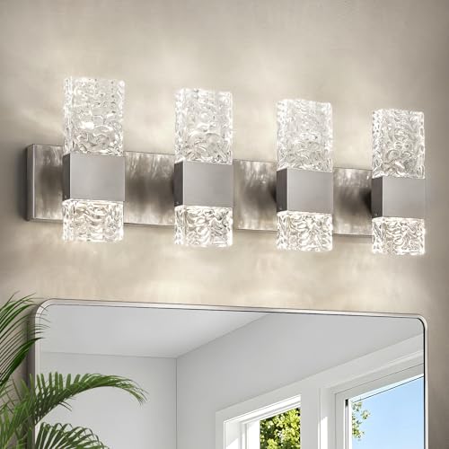 Image of Epinl Brushed Nickel 4-Light Bathroom Vanity Lights, 4000K Modern Bathroom Lighting Fixtures Over Mirror, 28 inch LED Crystal Bathroom Light Fixtures Hardwired Wall Sconces for Bathroom Living Room