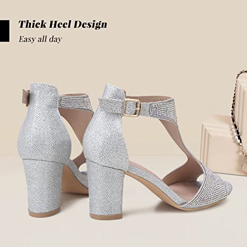 Camssoo Women's T-Strap Rhinestones Heeled Sandals Open Toe Wedding Party Sexy Dress Wedding Block Chunky Heels Pumps Silver Bright Cloth Us10.5 Eu42 #TOP2