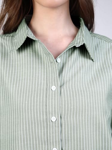 Image of Urbano Fashion Women's Cotton Full Sleeve Oversized Fit Casual Striped Shirt with Spread Collar