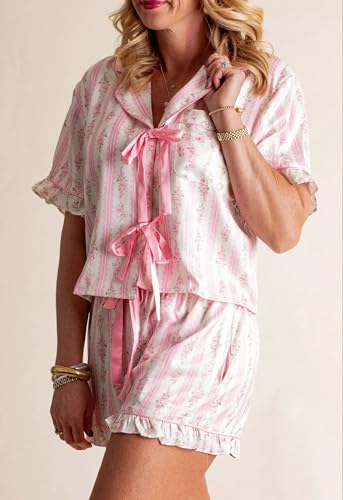 Womens Bow Front Tie Up Pajamas Two Piece Outfit Y2k Floral Martini Coquette Silk Satin Pjs Shirt Shorts Pajama Set2