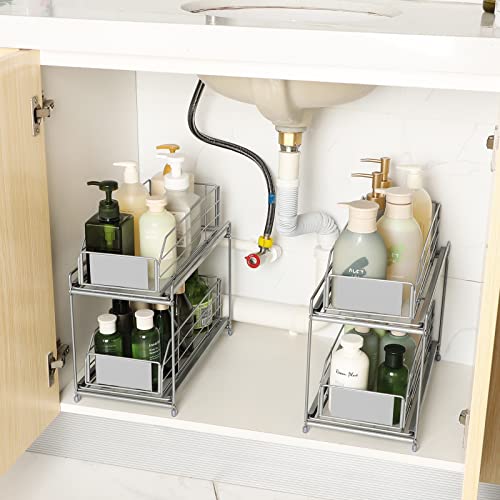 Mooace Under Sliding Cabinet Basket Organizer, 2 Tier Under Sink Organizers And Storage, Multi-Purpose Bathroom Sink Kitchen Cabinet Organizer Rack, 2 Pack, Silver #TOP5