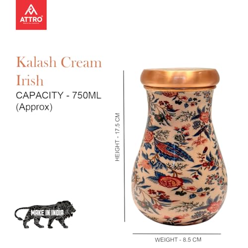 Image of ATTRO Kalash Copper Water Pot - Designer Water Storage & Serving, Ayurvedic Health Benefits, Supports Overall Health & Healthy Skin, 750ml Cream Irish