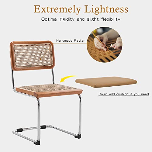 Alunaune Modern Mid Century Dining Chairs Set Of 2, Upholstered Natural Rattan Kitchen Chairs Accent Chair, Armless Side Chairs With Metal Chrome Legs For Bedroom Living Room-Brown #TOP5