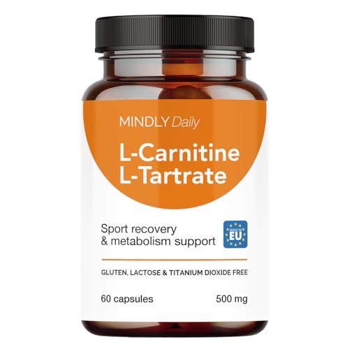 MINDLY L-Carnitine L-Tartrate 500mg - 60 High Purity Vegan Capsules - Amino Acid Supplement - Free from Gluten, Lactose and Titanium Dioxide - 2 Month Supply