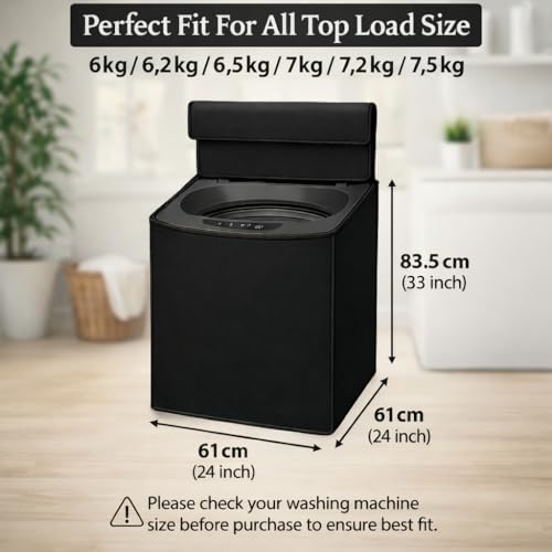 Image of Washing Machine Cover Top Load 6kg to 7.5kg | Heavy Duty Waterproof Polyester Protective Cover | Dustproof & UV Resistant | Universal Fit For All Fully Automatic Machine (Black)