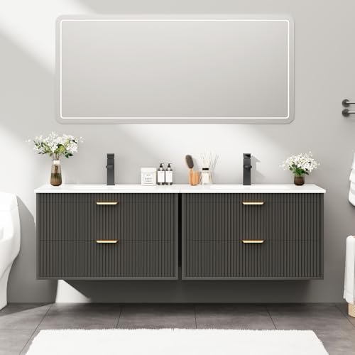 Vabches 24 Inch Bathroom Vanity with Sink, Wood Grain Wall Mounted Vanity with 2 Storage Darwers, Floating Bathroom Vanity with Storage, Bathroom Floating Vanity with Sink, Faucet, Drain, Black