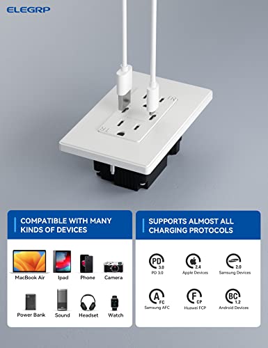 Elegrp 30W Usb Wall Outlet Receptacle, Single Usb C Port Supports 30W Fast Charge For Macbook Air/Iphone/Samsung Galaxy/Ipad Pro, 15 Amp Usb Outlet, Ul Listed, Wall Plate Included, 1 Pack, Matte White #TOP3
