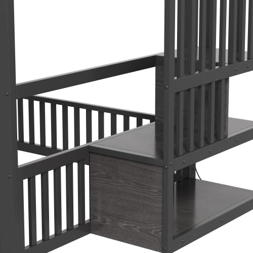 Merax Lit superposé noir 140 x 200 cm avec échelle de rangement, éclairage LED, lit mezzanine pour enfants et adolescents, lit mezzanine avec grilles de protection