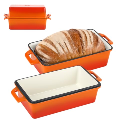 Northriver Casting Enameled Cast Iron Loaf Pan with Lid, Best Bread Oven, Bread Loaf Pans for Baking Homemade Sourdough Bread 9x5, 2 Piece set, Flame