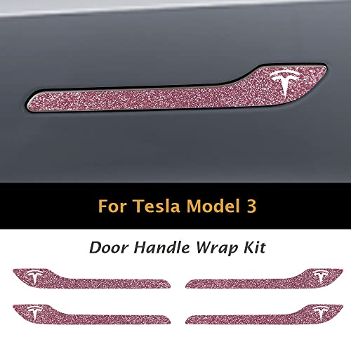Image of IPG Compatible for Model 3 / Model Y /Juniper Door Handle Decal Sticker Wrap Kit (Set of 4) with Tesla Logo Personalize Your Tesla (Pink Glitter)