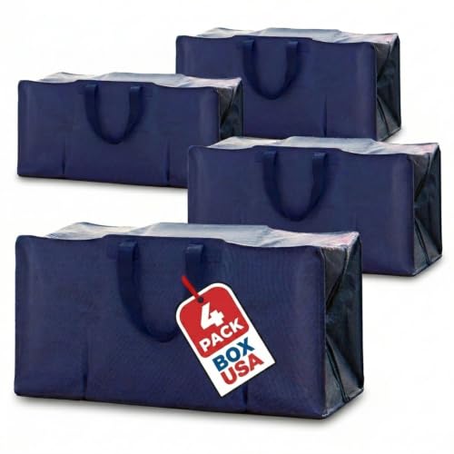 Image of BOX USA 4-Pack Moving Bags with Strong Handles & Zippers - Heavy Duty Extra Large Packing Bags for Storage, Moving Boxes, Dorm & College Supplies, Blue