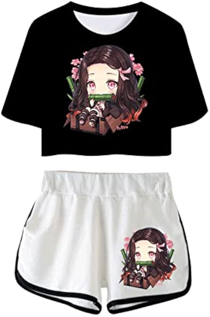 Girls T-Shirt and Shorts Set Kids Summer Cropped Top Cartoon Check Print Shorts Suit