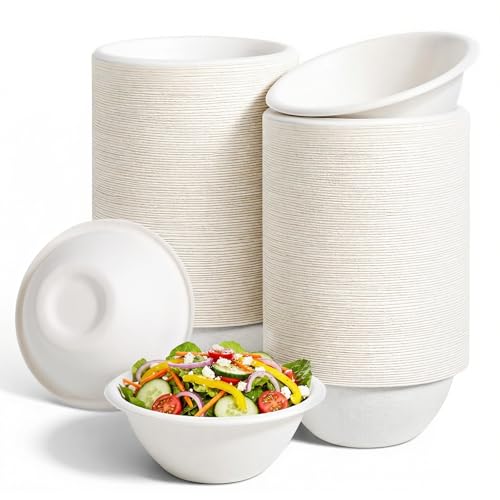 Exclaith 300 Pack Disposable Paper Bowls Bulk, 8 oz Heavy-Duty Compostable Bowl, White Bowls Eco Friendly Sugarcane Bagasse Bowl, for Salad, Dessert, Milk, Cereals