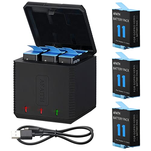 AFAITH 3 Baterías + Cargador Accesorio para GoPro Hero 9/10/11/12 Black, 3 Baterías de Iones de Litio+Organizador de Almacenamiento de Carga con Cable USB Tipo C para GoPro Hero 9/10/11/12