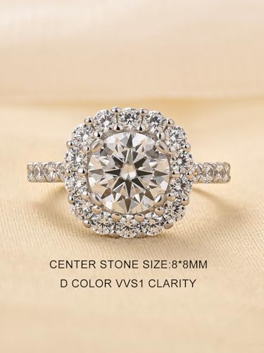 2.0 Carat D Color VVS1 Moissanite Engagement Ring, Sterling Silver Round Cut Halo Promise Ring for Women2