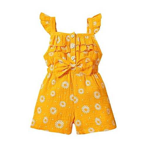Girls Summer Jumpsuit Short Cute Floral Print Baby Romper Sleeveless Jumpsuit Toddler Loose Fit Bodysuit Casual Playwear Outfit Age 1-6 Years (Yellow, 3-4 Years)