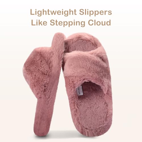 Women's Fuzzy Slippers Cross Band Memory Foam House Slippers Open Toe Plush Comfy Faux Fur Lined Slide Shoes Anti-Skid Sole4