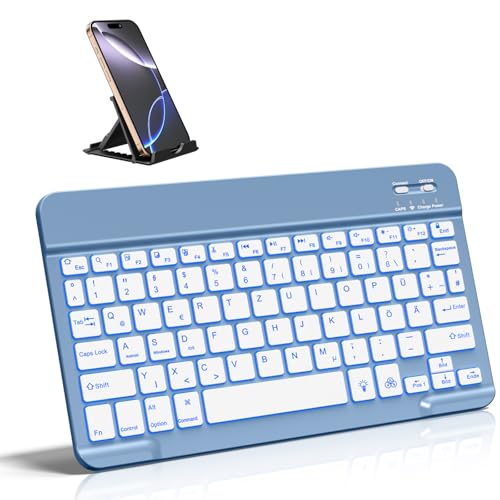 Vobafe Bluetooth Tastatur mit Telefonhalter für iOS/Android/Windows, Kabellose Tablet Tastatur für iPad/iPhone/Samsung/Laptop, Ultradünn Deutsche QWERTZ iPad Keyboard, 7 Farben Beleuchtete, Blau