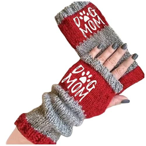 Women'S Knitted Fingerless Gloves Winter Warm With Cat Fashion Face Embroidery Design Thick Cozy Casual Leaky Finger Gloves,Red,One Size