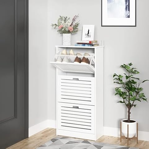 Noskatu Shoe Cabinet with Louvered Door Entryway Storage Cabinet with 3 Flip Doors and Adjustable Shelf Modern White Shoe Storage Rack for Entryway Hallway Cover