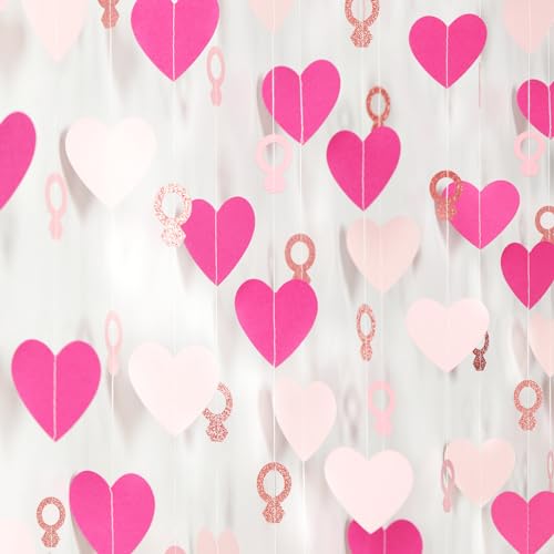Hot-Pink Rose Gold Heart-Ring Garland - 52Ft Engagement Bachelorette Party Decorations Wedding Paper Streamers Banner, Valentines Day Galentines Proposal Decor Lasting Surprise