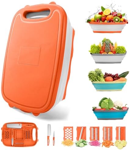 Gintan Camping Cutting Board, 9-in-1 Collapsible Chopping Board with Colander, Kitchen Vegetable Washing Basket for Camping, Camping Gifts Camping Accessories for RV Campers (orange)