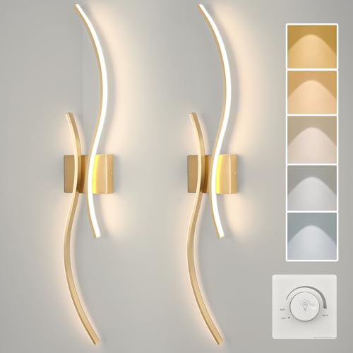 Image of CANEOE Modern Wall Sconce Set of, 5CCT Dimmable Indoor Led Wall Sconce Lighting Set of 2, 31.5 Inch Wall Light Fixtures, Gold Led Wall Lamps for Living Room Bedroom Bathroom Hallway