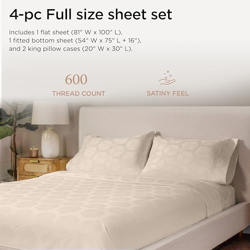 Image of Threadmill 100% Cotton Sheets for Full Size Bed - 600 Thread Count Full Bed Sheets Set with 16 inch Deep Pocket - Jacquard Sateen Weave 4-Piece Bedding Set with Cooling Effect, Beige