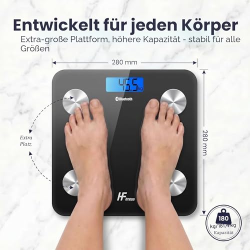 HomeFashion HFitness Körperfettwaage 28x28cm 19x KÖRPERDATEN iOS und Android App Intelligente Digitale Personenwaage Waage Personnen Körperwaage Körpergewichtsmesser BMI Bluetooth