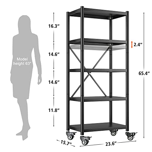 Reibii Storage Shelves For Storage Load 1160Lbs,Adjustable Heavy Duty Metal Shelving Unit With Wheels 5-Tier Pantry Shelves Kitchen Shelf Garage Storage Shelves 23.6" W * 15.7" D * 65.4" H #TOP1