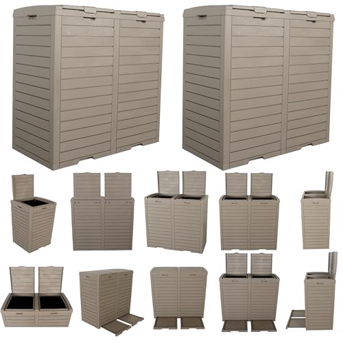 BTEXPERT Set of 2, 62 Gallon Outdoor Garbage Trash Can, Waterproof Resin Double Lid Drip Tray, Outside Trash Bin for Hideaway Patio Waste, Kitchen, Backyard, Deck, Pool Gray